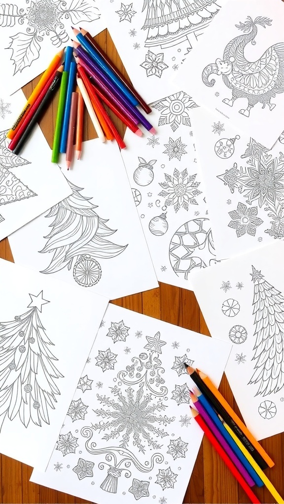 Intricate Christmas coloring pages with detailed designs on a wooden table, surrounded by colored pencils.